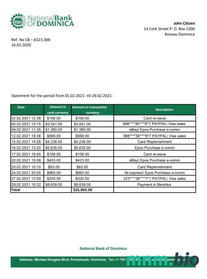 Dominica CIBC First Caribbean International wzór wyciągu bankowego w formacie Word i PDF